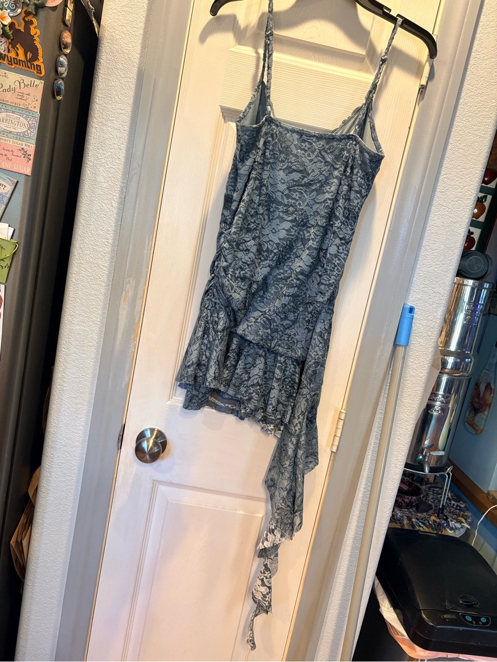 Urban Outfitters Slate Blue Floral Lace-Trim Asymmetric Slip romper - Picture 4 of 9